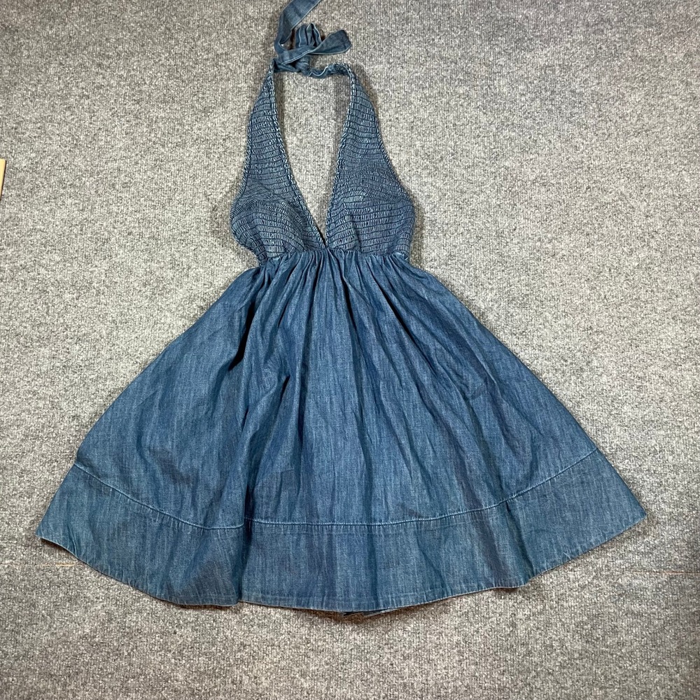 BDG Urban Outfitter Iris Smocked Halter Mini Dress Denim Open-Back Cotton